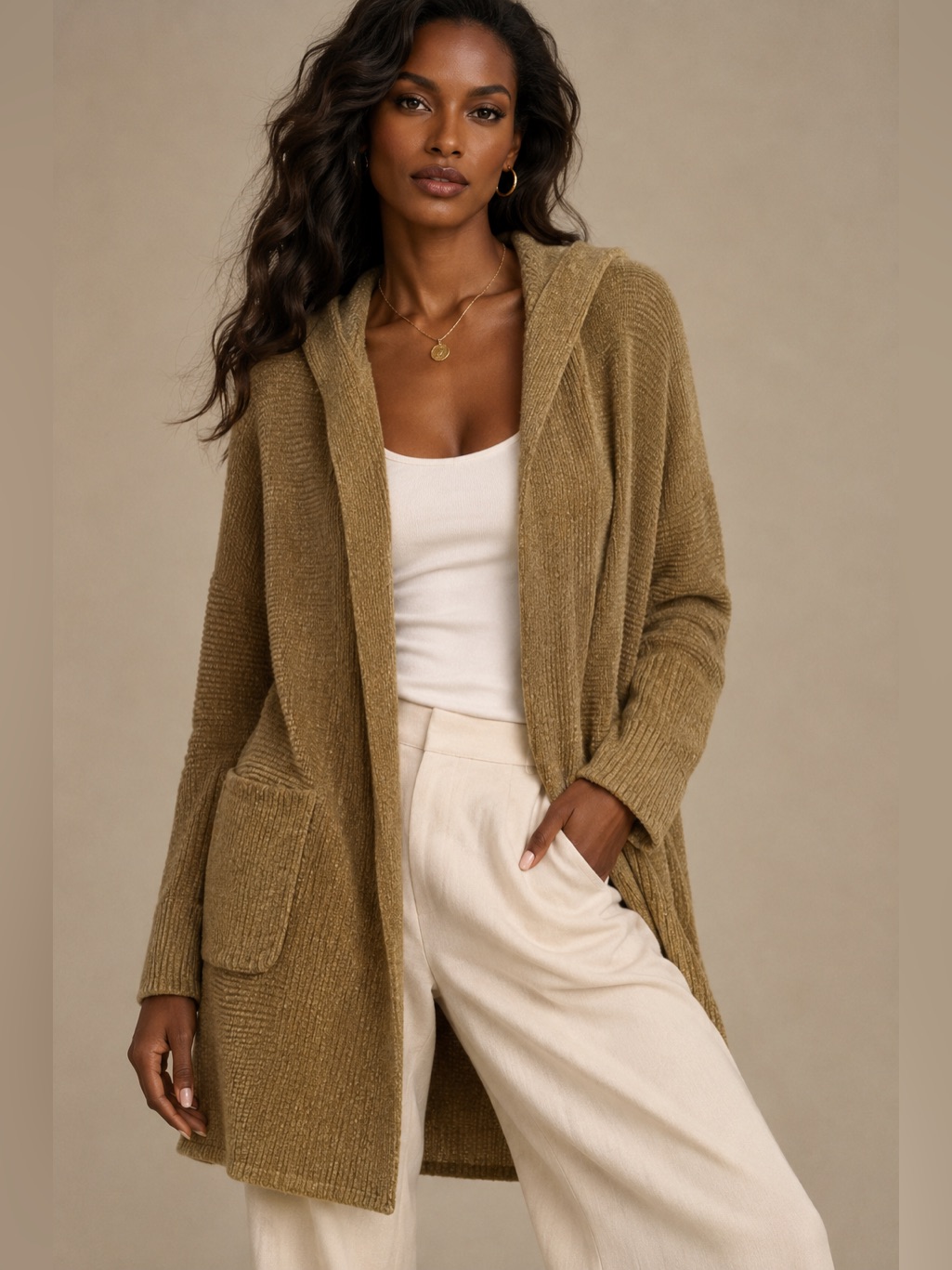 Soft Surroundings Hooded Open Front Cardigan Sweater Olive Taupe Knit Size L